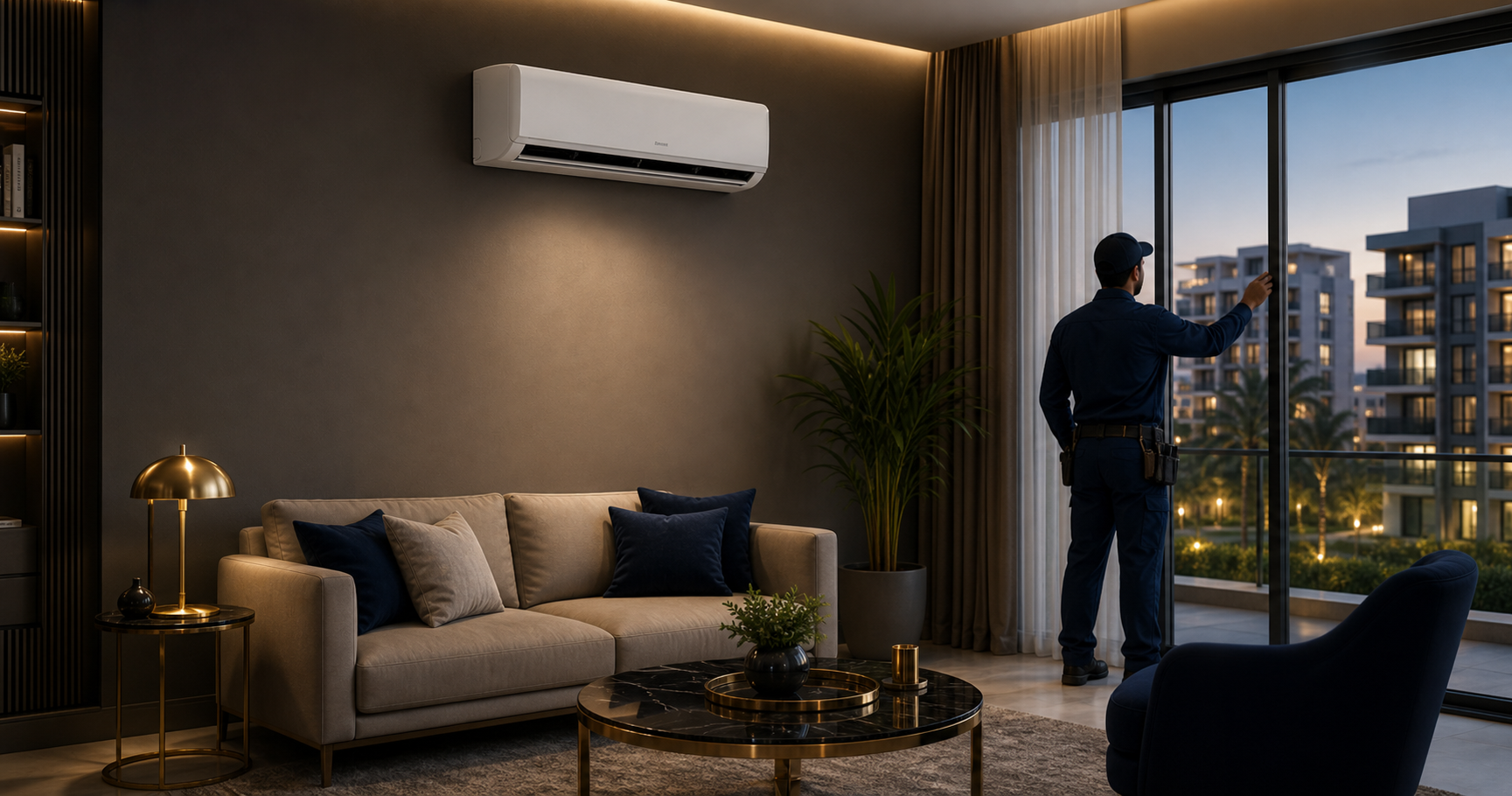 Technician servicing an indoor wall-mounted AC unit in New Cairo